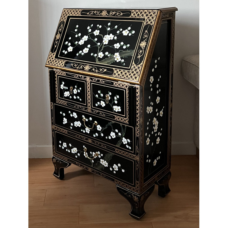 Anylah Writing Bureau Secretary Desk with Hutch Hand Painted Blossom